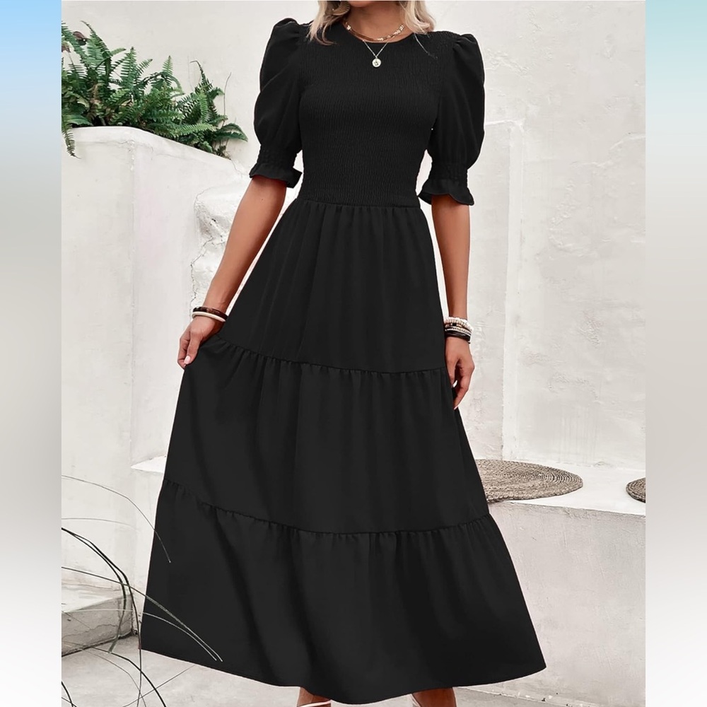 Black Tiered Maxi Dress with Puff Sleeves and Crew Neck